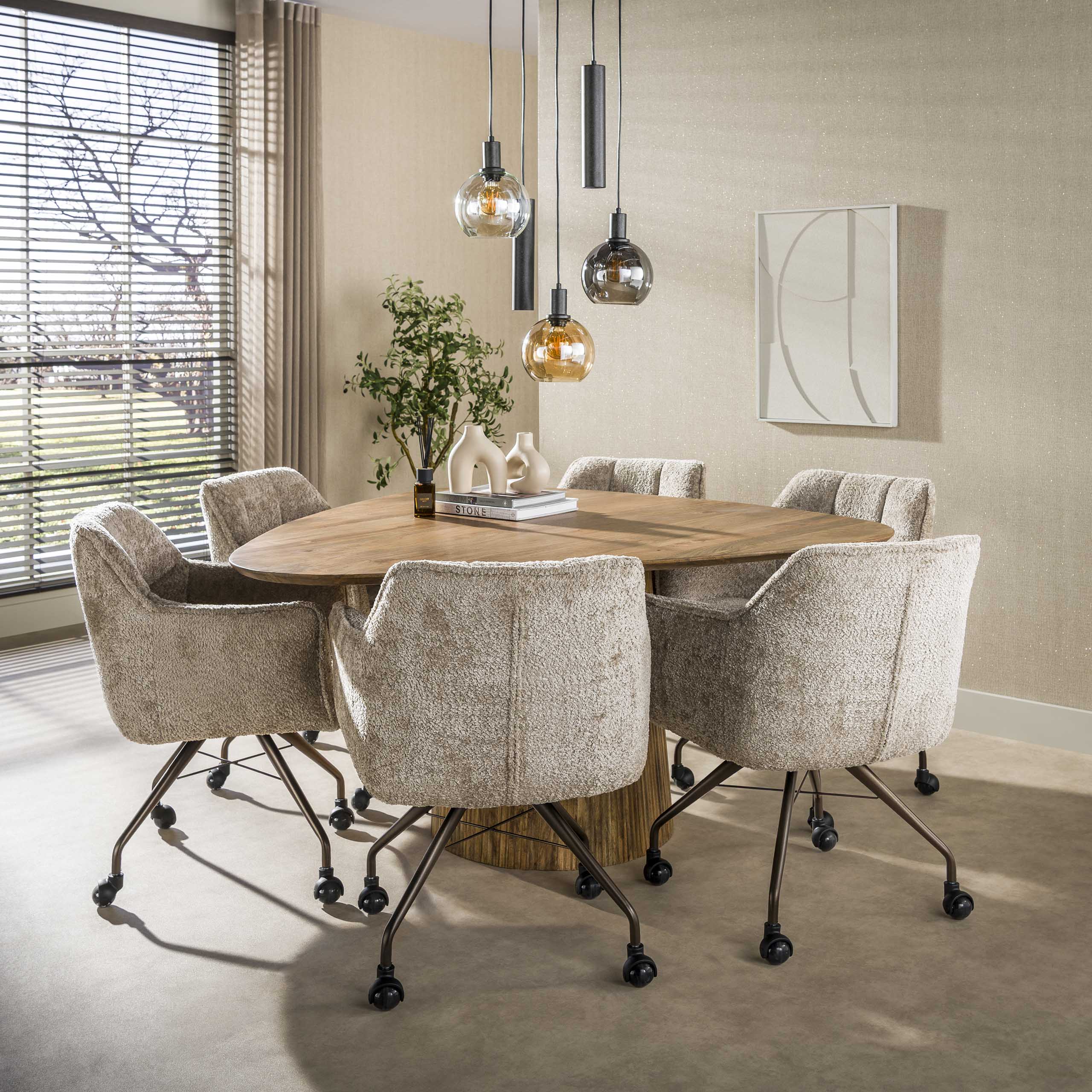 2er Set Armlehnstuhl Fino auf Rollen Soft-Teddy sand Beine braun