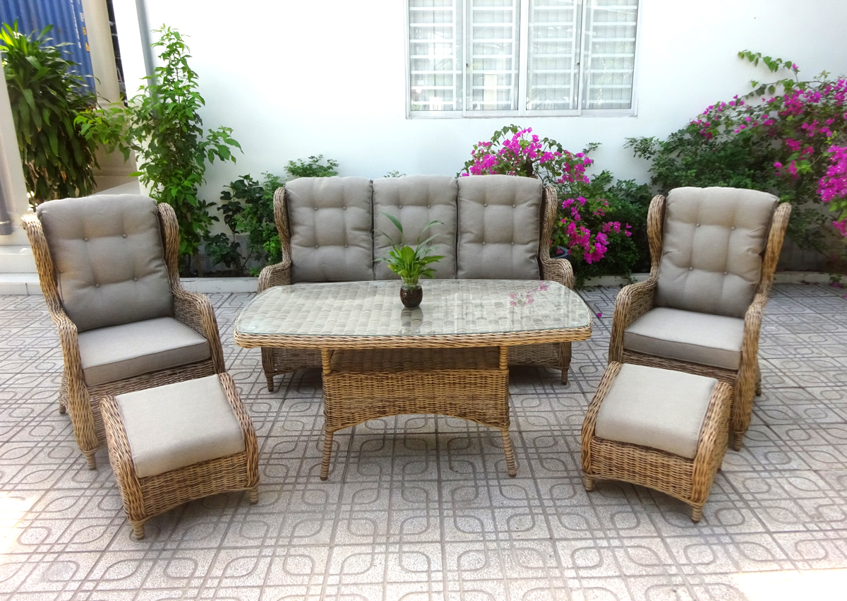 Garten Sessel Rosita Polyrattan natur mit Sitz- und Rückenkissen