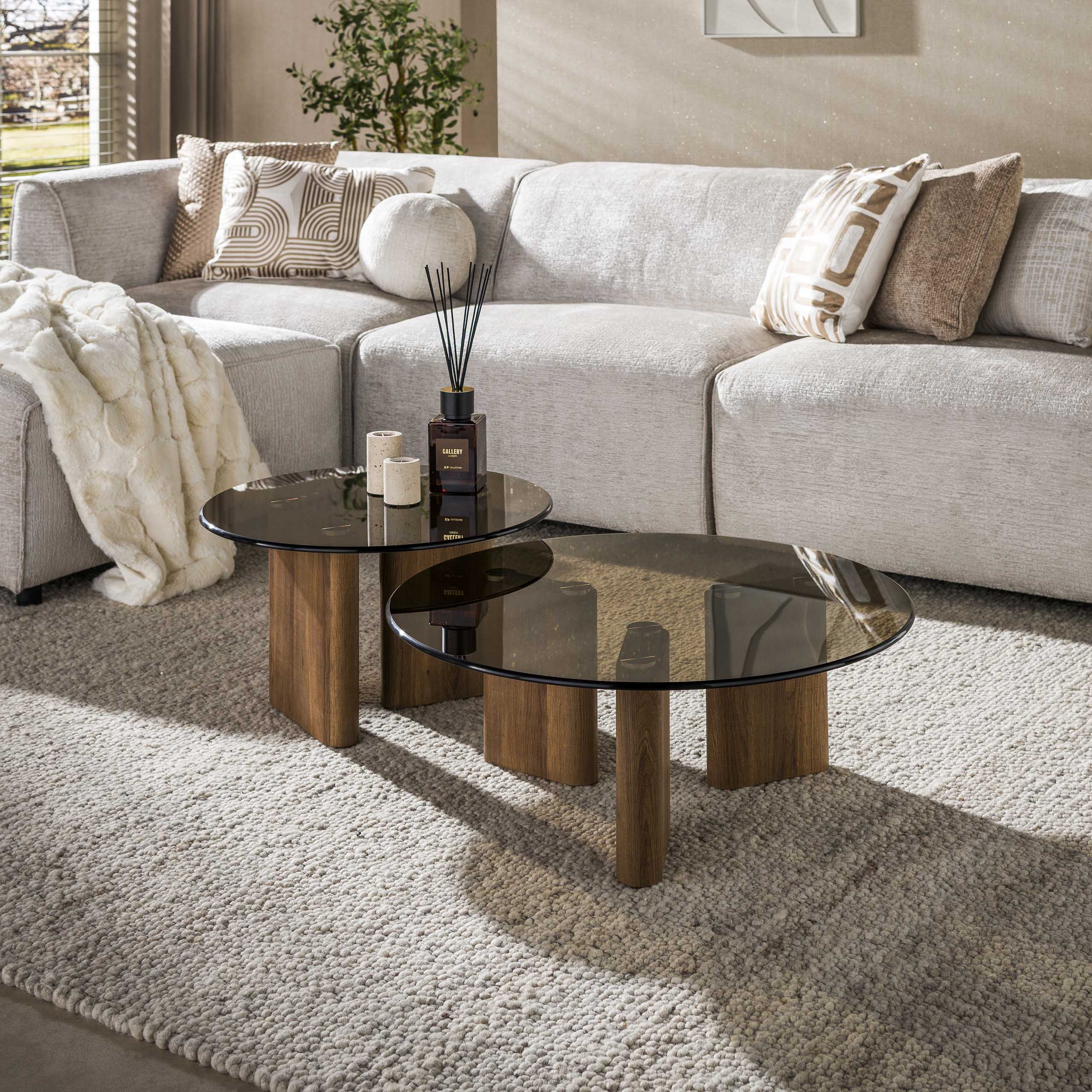 2er Set Couchtisch SAMOS rund Eichenholz-Optik Glasplatte