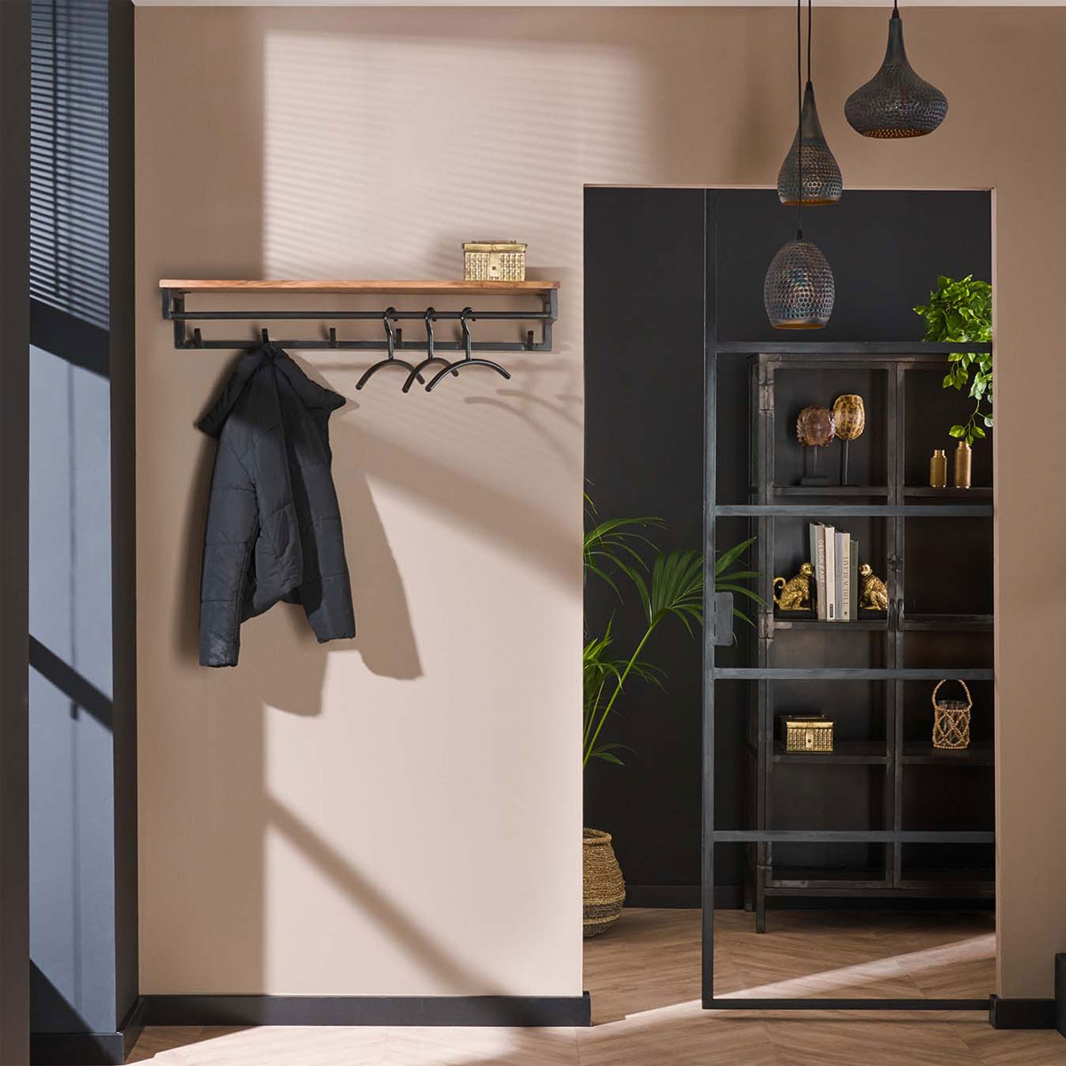 Wandgarderobe Journey B 100 cm 6 Haken Hutablage Akazie Massivholz Metall