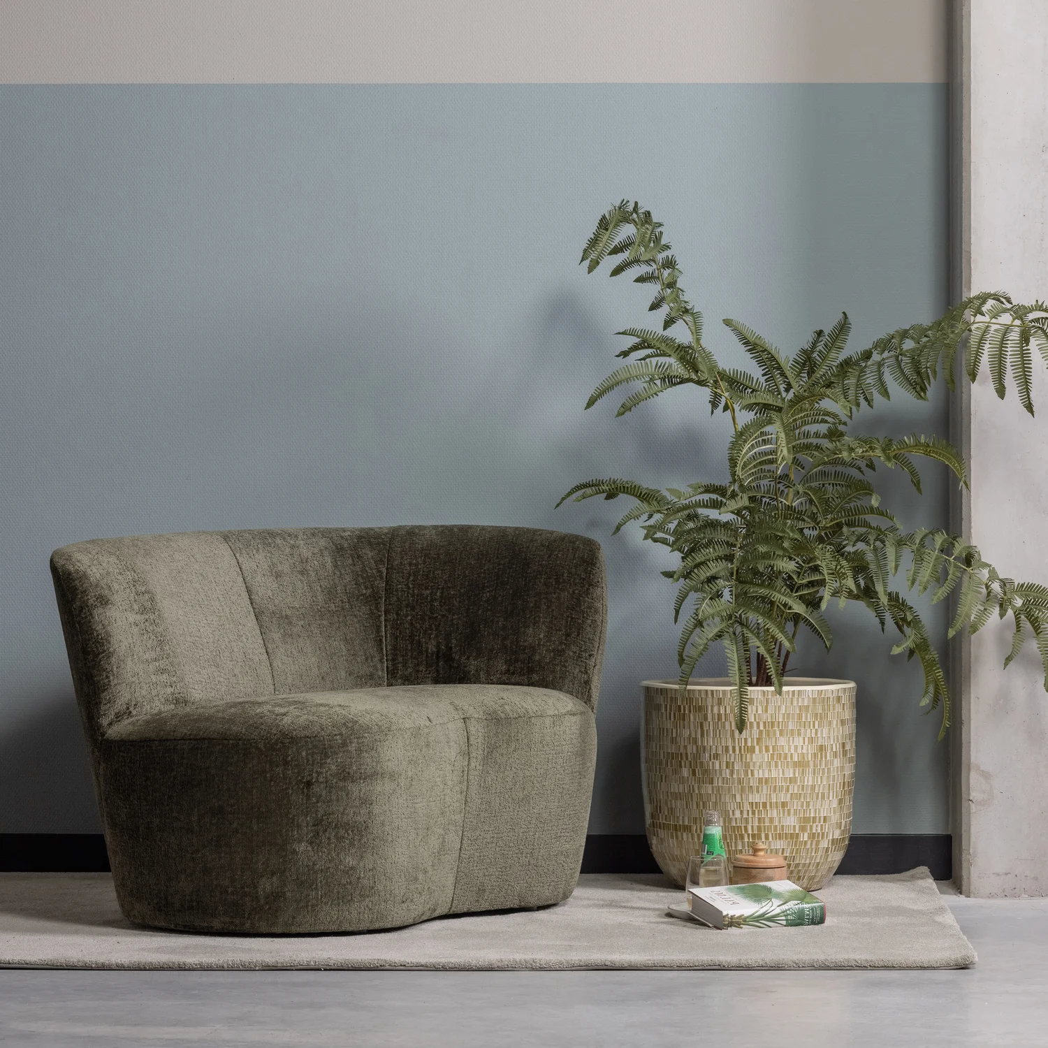 kleines Sofa Stone rechts 112 cm Struktur-Samt warmgrün Loungesofa
