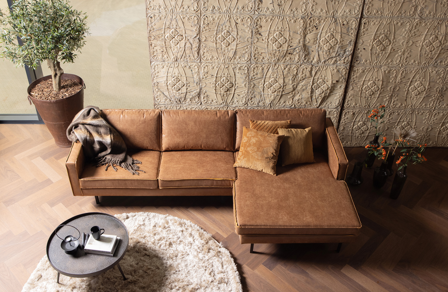 Ecksofa Rodeo recyceltes Leder Cognac Longchair rechts