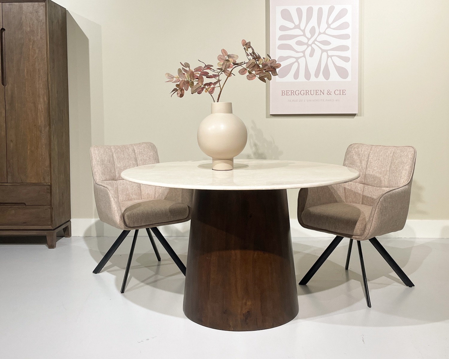 Esstisch Bottecino rund Ø 130 cm Marmorplatte cremeweiß Mangoholz braun
