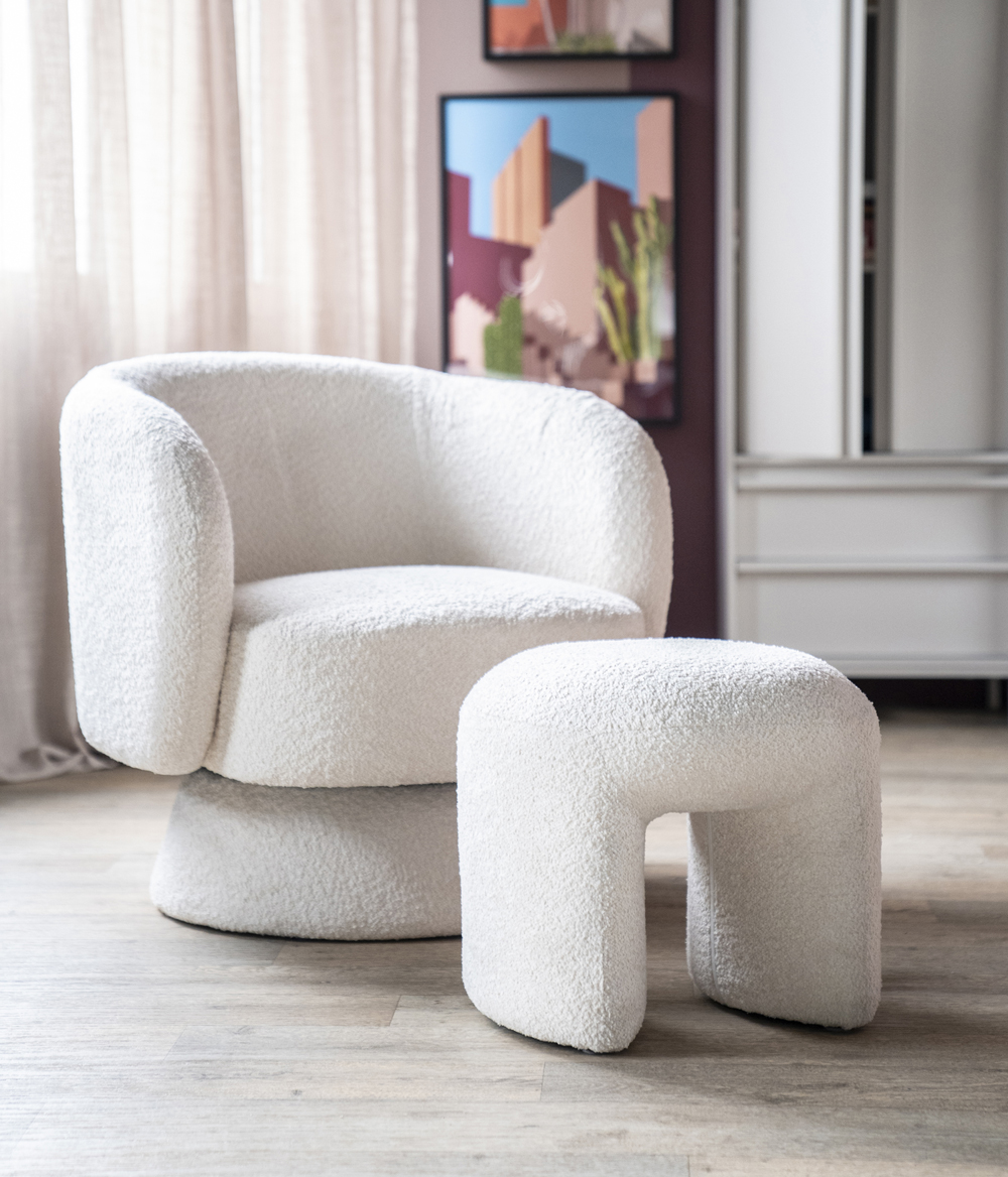 Hocker NASAHI Sitzhocker Bouclé Stoff beige