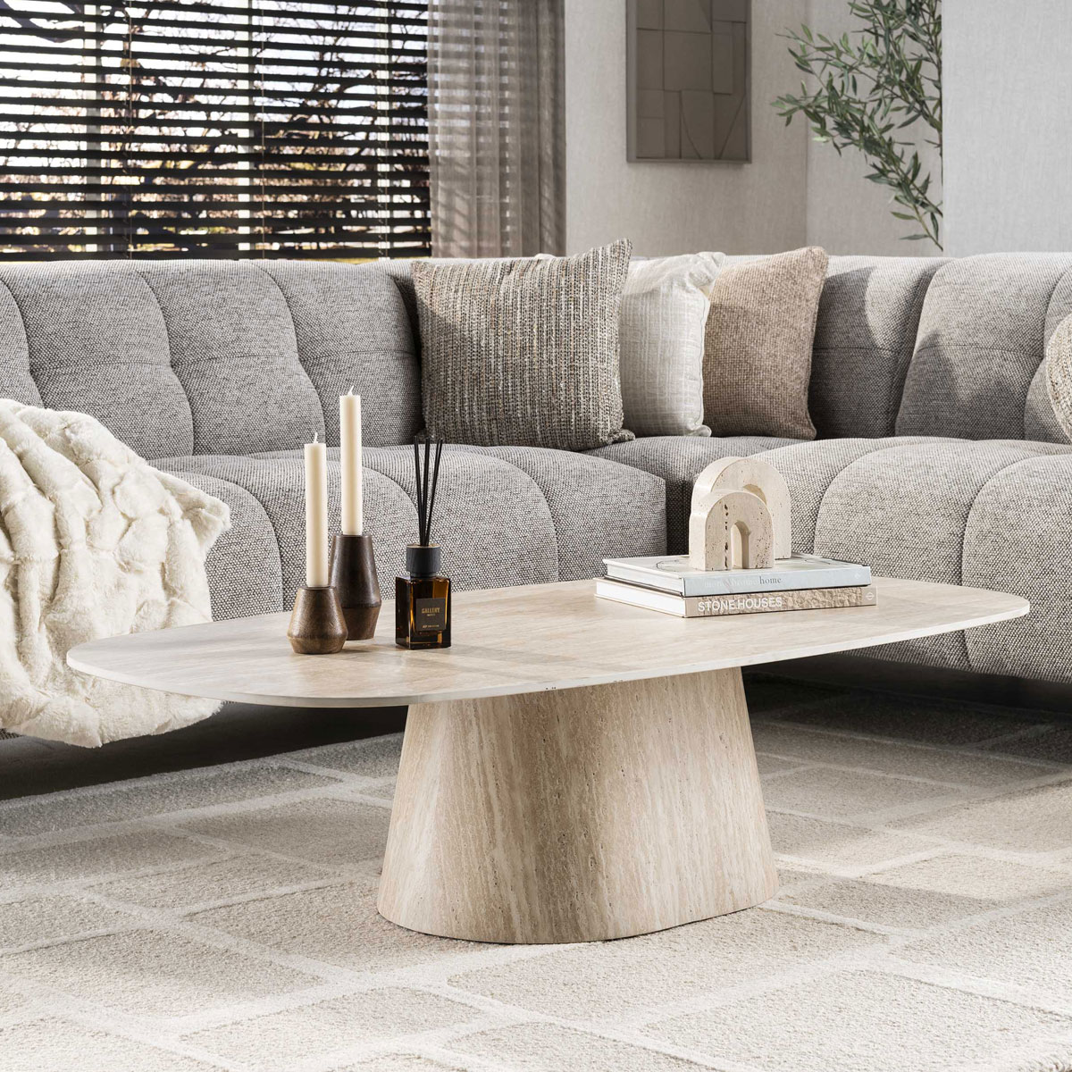 Couchtisch VERONA 135 x 70 cm oval Keramik Travertinoptik