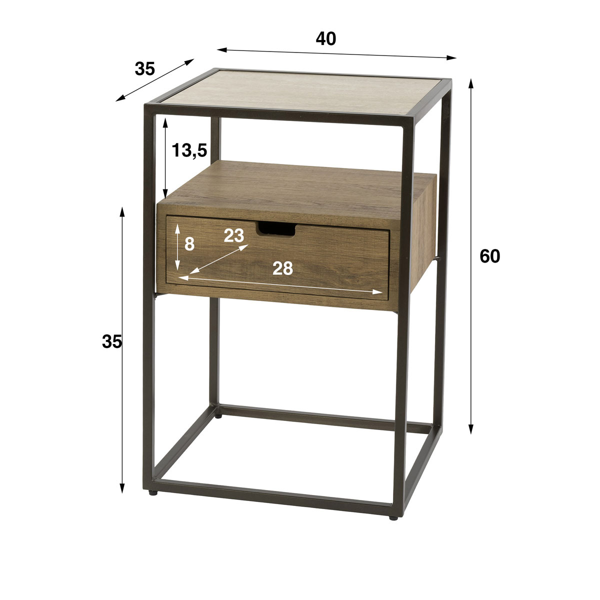 Nachttisch VENZA H 602 cm Keramik Travertinplatte mit Schublade Eichenoptik Metall bronze