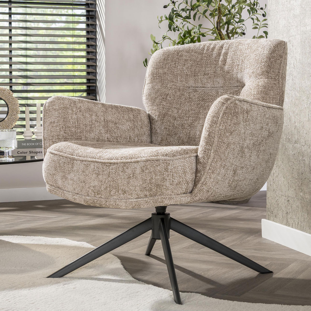 Sessel LORENZO drehbar weiches Chenille sandfarben Drehsessel Relaxsessel
