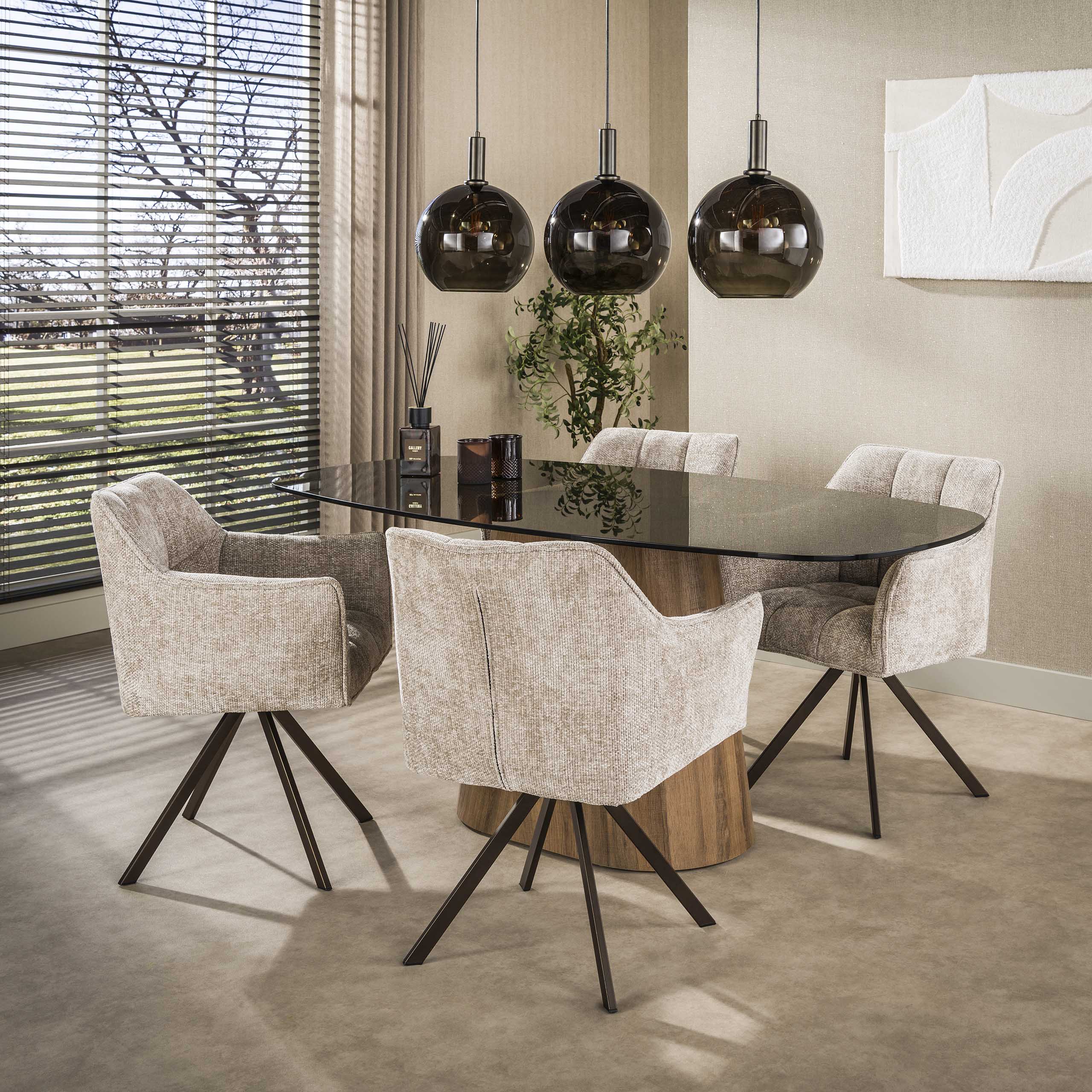 2er Set Armlehnstuhl Fino weiches CHENILLE sand drehbar Beine braun