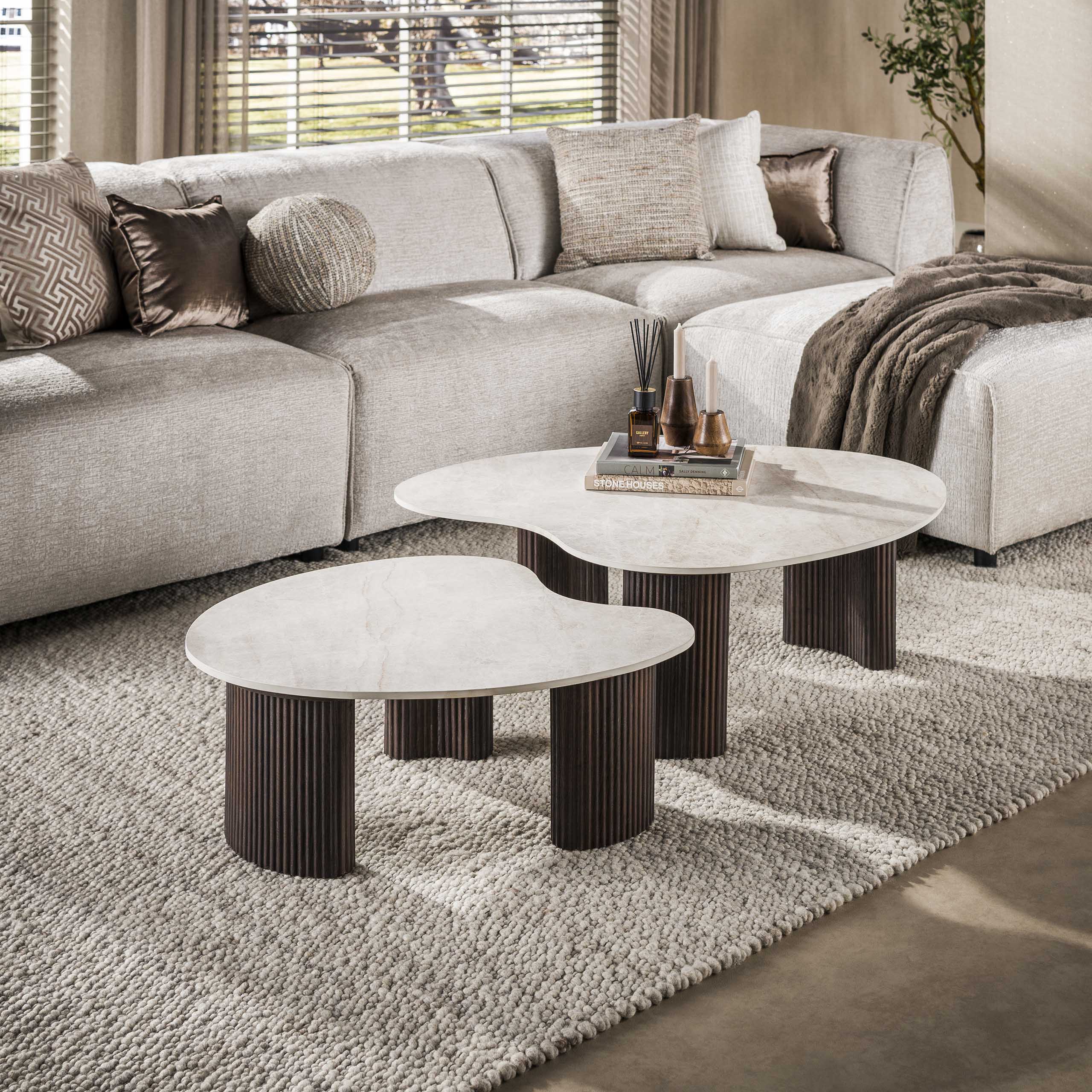 2 er Set Couchtisch JAHAN organisch 3D-Keramik Taj-Mahal-Optik