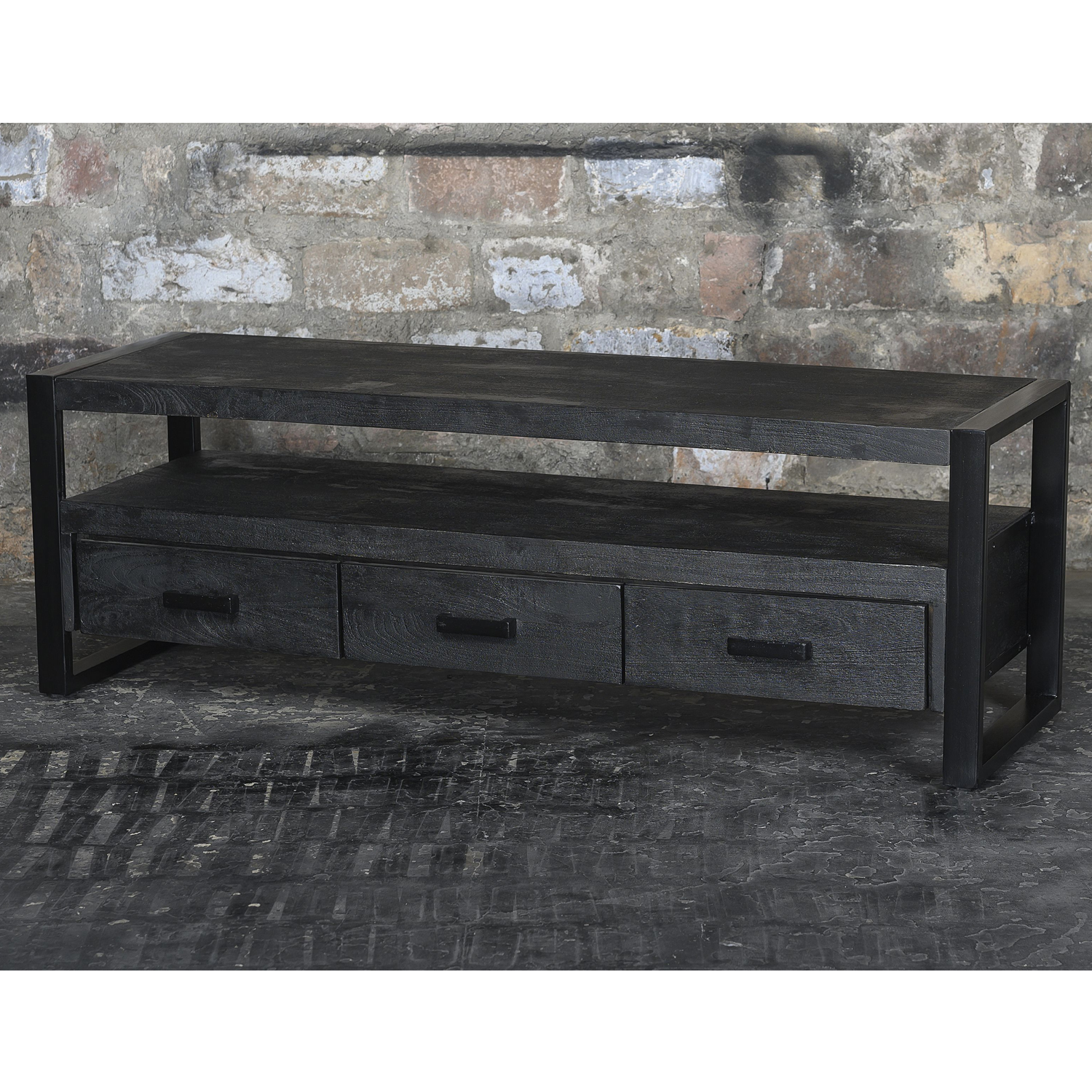 Vintage Retro TV Möbel Norris B 150 cm Lowboard Mangoholz Metall schwarz