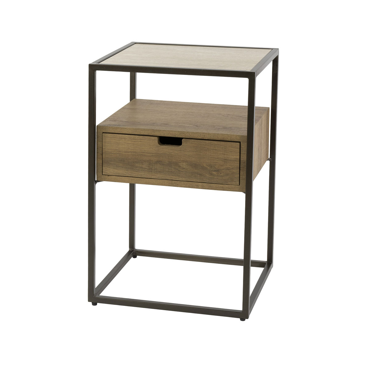 Nachttisch VENZA H 602 cm Keramik Travertinplatte mit Schublade Eichenoptik Metall bronze