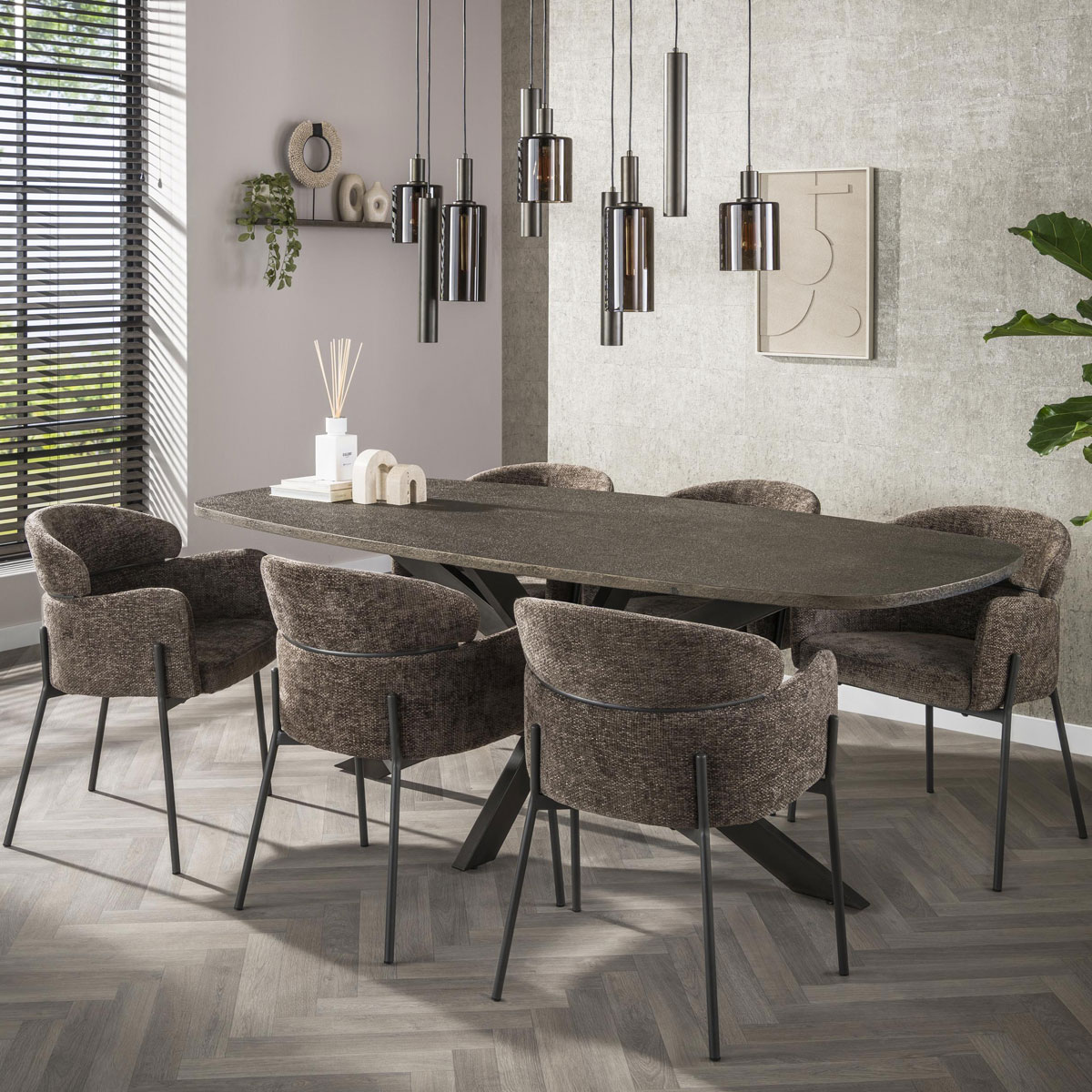 Esstisch MENNO 215 x 105 cm oval Holzplatte mit Metallic-Optik Metallgestell