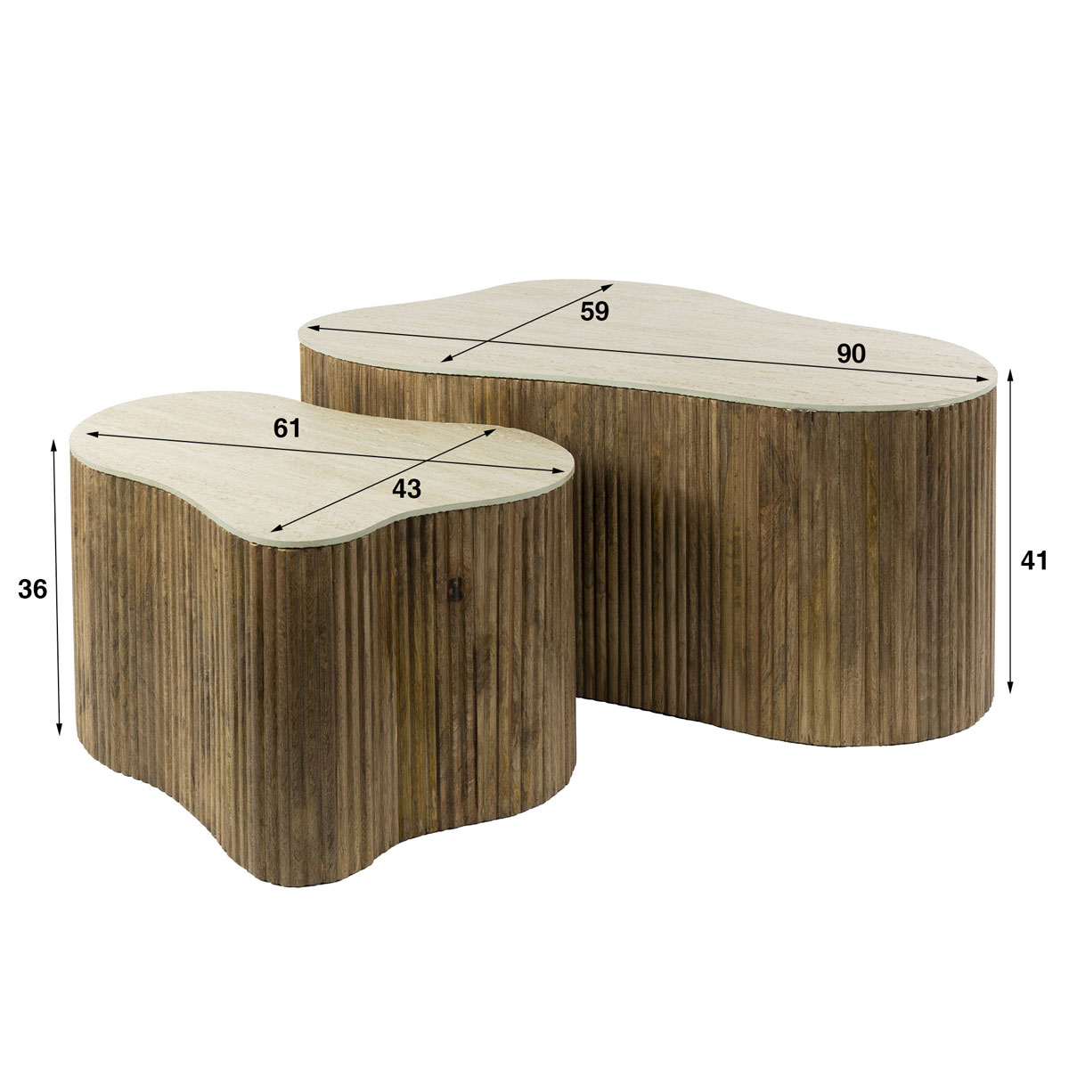 2er Set Couchtisch FLUVIO organisch Keramik Travertinoptik Mangoholz sandfarben