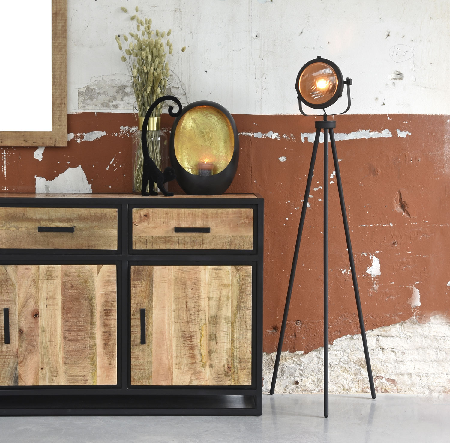 Industrie Kommode NERO 170 cm Anrichte Mango Holz