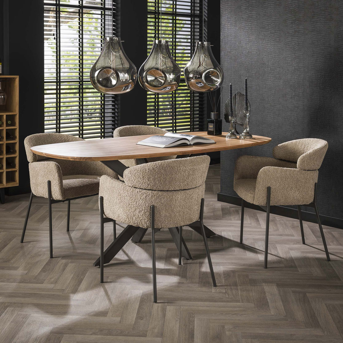 2er Set Armlehnstuhl Boston Bouclé Stoff sandfarben