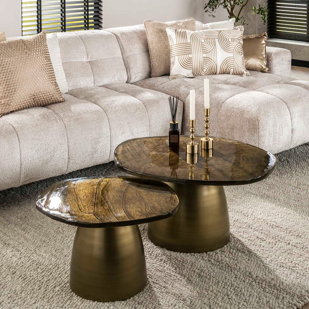 2er Set Couchtisch Ellipse Metall Glas Gold antik Finish Beistelltisch Tischset Sofatisch Tischset