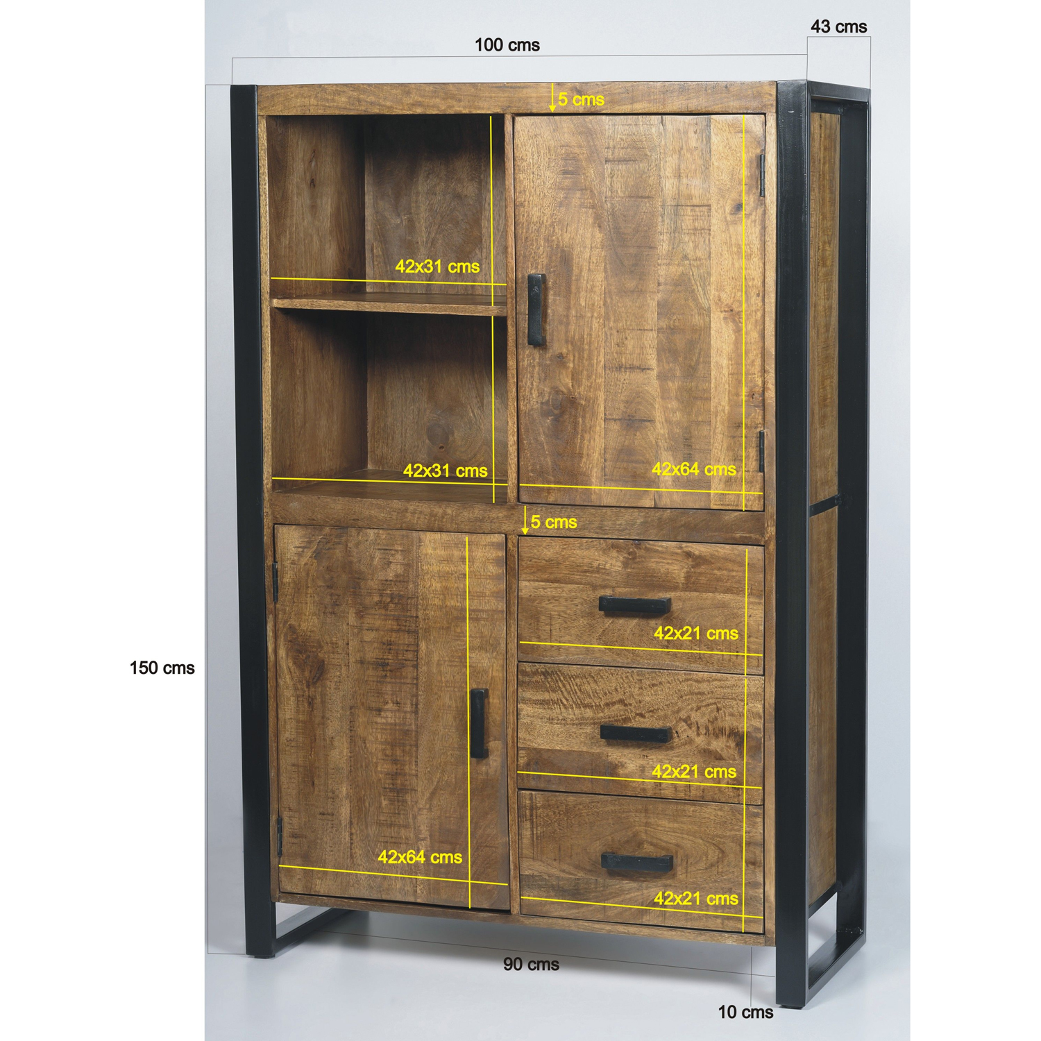 Schrank Nairobi B 100 cm Schrankwand Mangoholz Metall schwarz