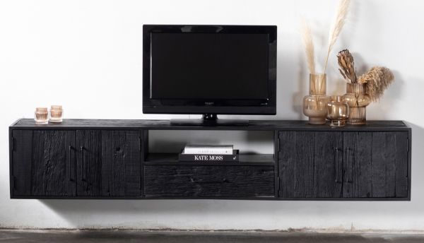 TV Möbel hängend NEGRO 240 cm recyceltes Holz schwarz