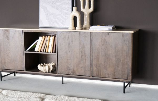 Sideboard Lio 200 cm mit 3 Türen Mango massiv Travertin Naturstein