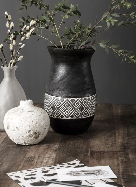 Must-Living Vintage Holzvase Tribal Ø 18 cm Vase Blumenvase Teakholz schwarz Muster