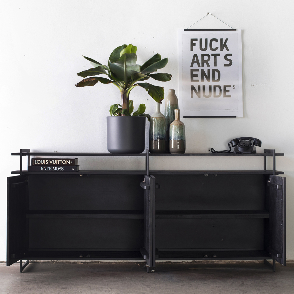 Industrie Design Kommode Star 200 cm Türen Schrank Akazie Metall schwarz | Maison ESTO Ihr großer Möbel Online-Shop