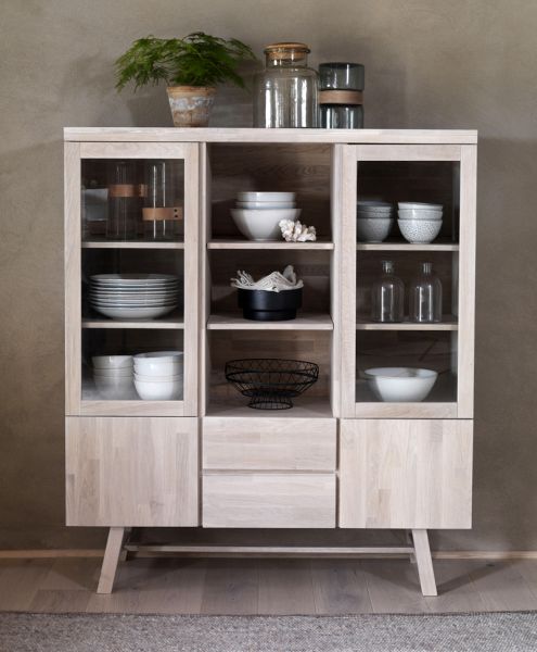 Highboard aus Eiche Küchenschrank Vitrine whitewash