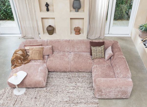 Wohnlandschaft Ecksofa rechts weicher Chenille Stoff taupe rosa